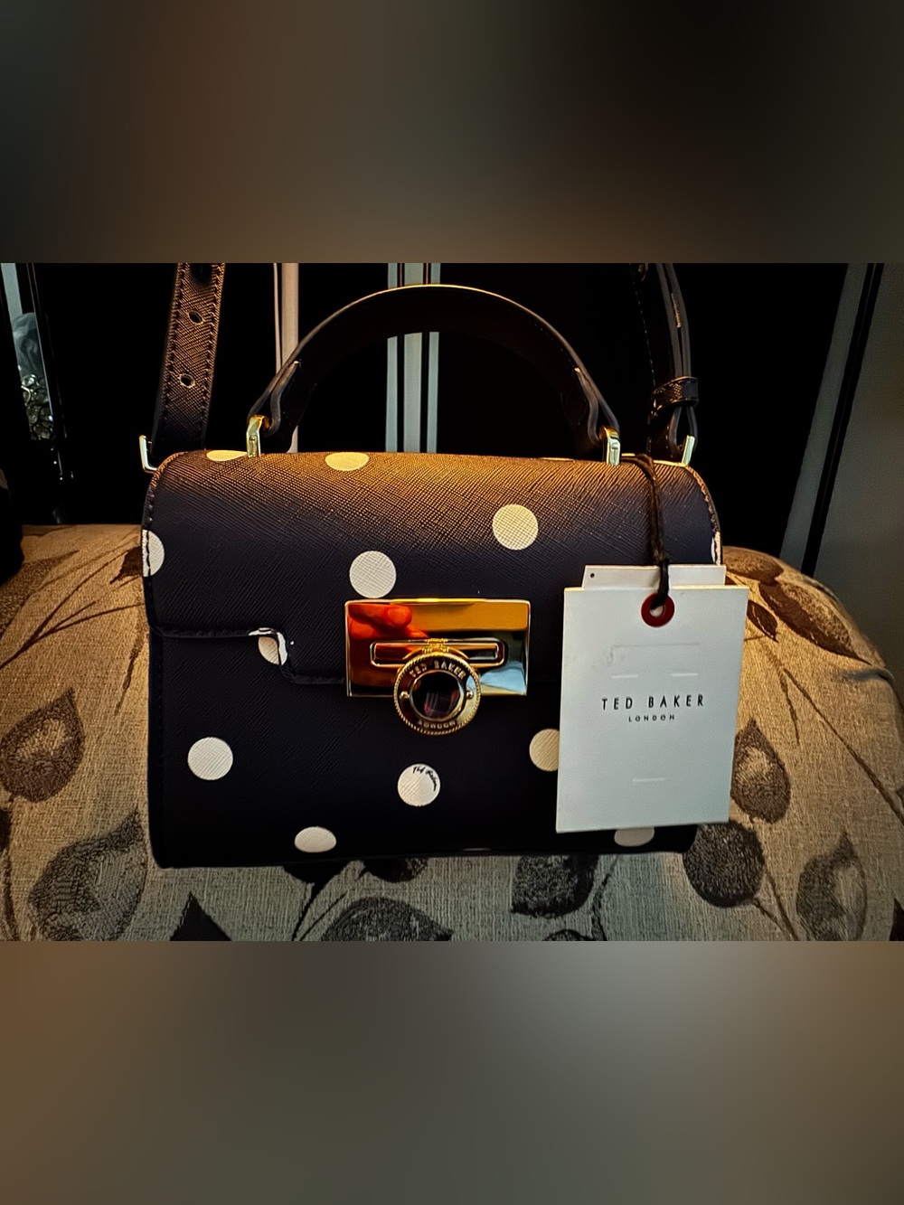 Ted Baker Lili Top Handle Satchel Bag 
•Navy and White Polka Dot•